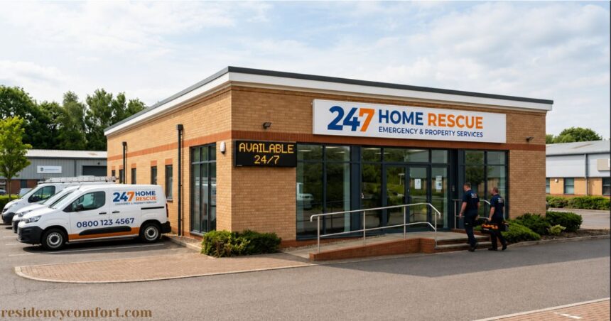 247 Home Rescue office building with branded service vans parked outside, showcasing emergency home repair, boiler cover, and property maintenance services.