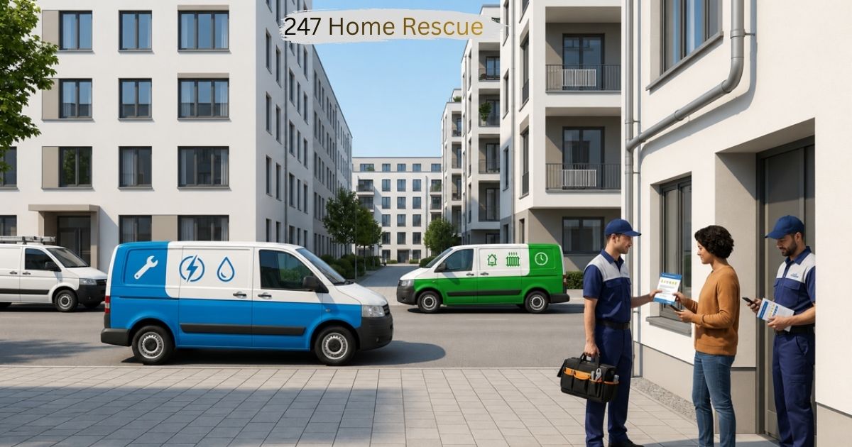 247 Home Rescue technicians assisting a homeowner outside modern apartment buildings, with service vans parked nearby for emergency home repair and maintenance services.