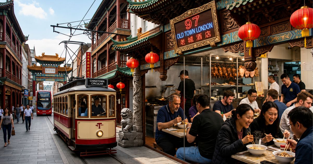 Bustling London Chinatown street featuring a vintage tram, traditional Chinese architecture, red lanterns, and a busy restaurant with people enjoying authentic Asian cuisine.