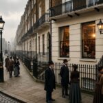 Apartment 221b on a misty Victorian London street with gas lamps, horse-drawn carriages, and period architecture.