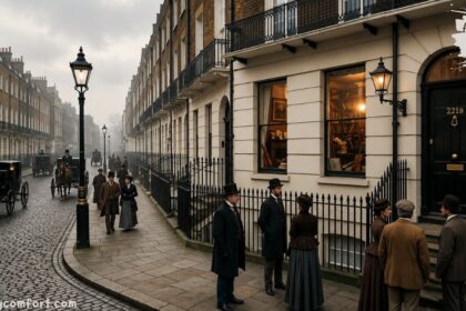 Apartment 221b on a misty Victorian London street with gas lamps, horse-drawn carriages, and period architecture.