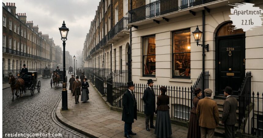 Apartment 221b on a misty Victorian London street with gas lamps, horse-drawn carriages, and period architecture.
