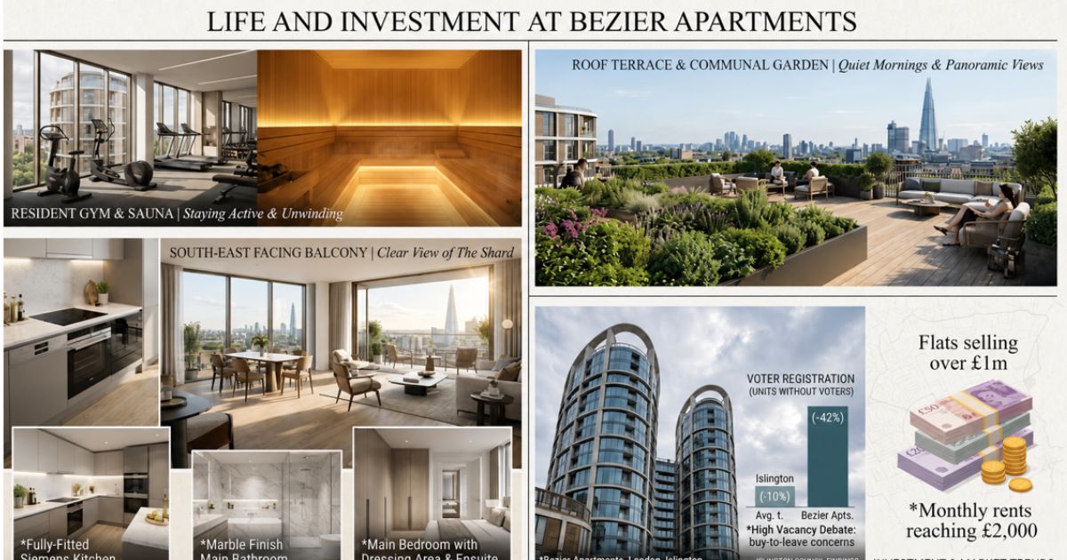 Collage showcasing Bezier Apartments with modern interiors, rooftop garden, gym, sauna, city views, and investment highlights.