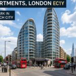 Exterior view of Bezier Apartments in London EC1Y, showcasing modern twin towers, luxury residences, and nearby transport links.