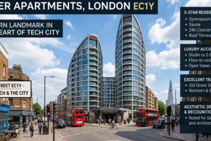 Exterior view of Bezier Apartments in London EC1Y, showcasing modern twin towers, luxury residences, and nearby transport links.
