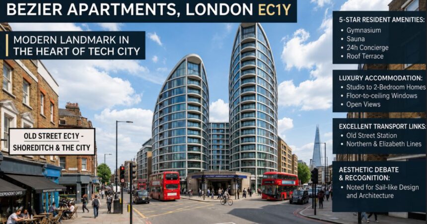 Exterior view of Bezier Apartments in London EC1Y, showcasing modern twin towers, luxury residences, and nearby transport links.
