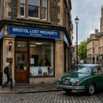 Bristol Lost Property office on a historic city street with pedestrians, a classic green car, and traditional stone buildings.