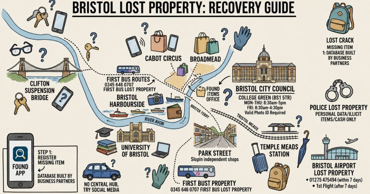 Illustrated Bristol Lost Property map with key recovery locations, transport hubs, and lost item icons across Bristol.