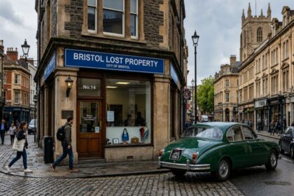 Bristol Lost Property office on a historic city street with pedestrians, a classic green car, and traditional stone buildings.