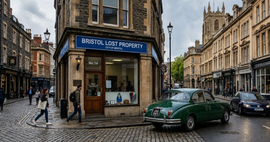 Bristol Lost Property office on a historic city street with pedestrians, a classic green car, and traditional stone buildings.
