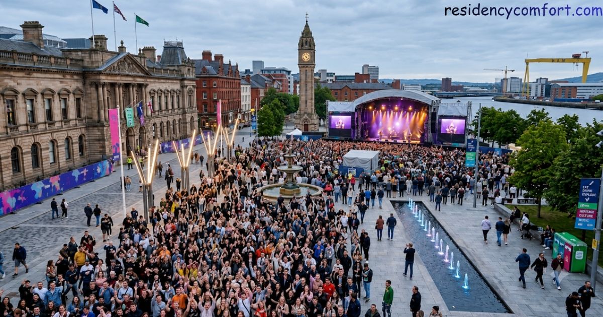 Crowds gathered at Custom House Square for a live outdoor concert, with a brightly lit stage, historic buildings, a clock tower, waterfront views, and the iconic Harland & Wolff cranes in the background.