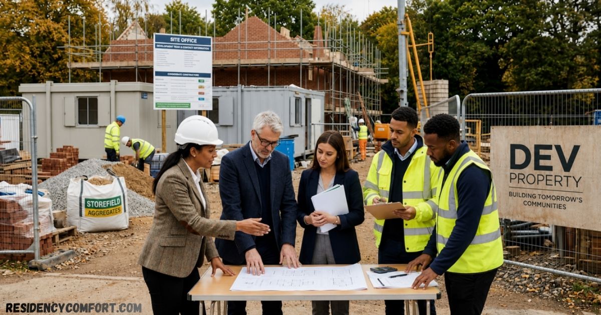 Construction professionals and site managers review architectural plans at a Dev Property residential development site, with workers, scaffolding, and partially built homes in the background.