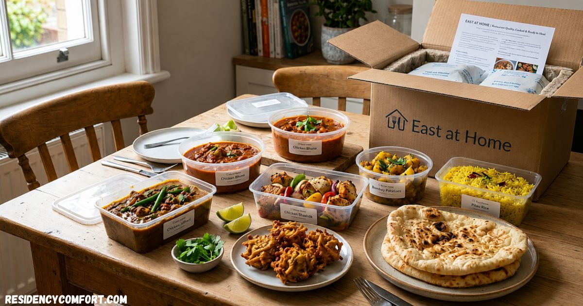 Selection of East at Home ready meals, including curries, rice, naan, and sides, displayed on a wooden dining table beside an open meal delivery box in a cozy home kitchen.