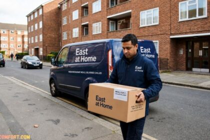 Delivery driver carrying an East at Home meal box beside a branded delivery van parked outside modern brick apartment buildings in a residential neighborhood.