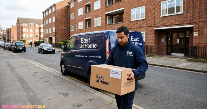 Delivery driver carrying an East at Home meal box beside a branded delivery van parked outside modern brick apartment buildings in a residential neighborhood.