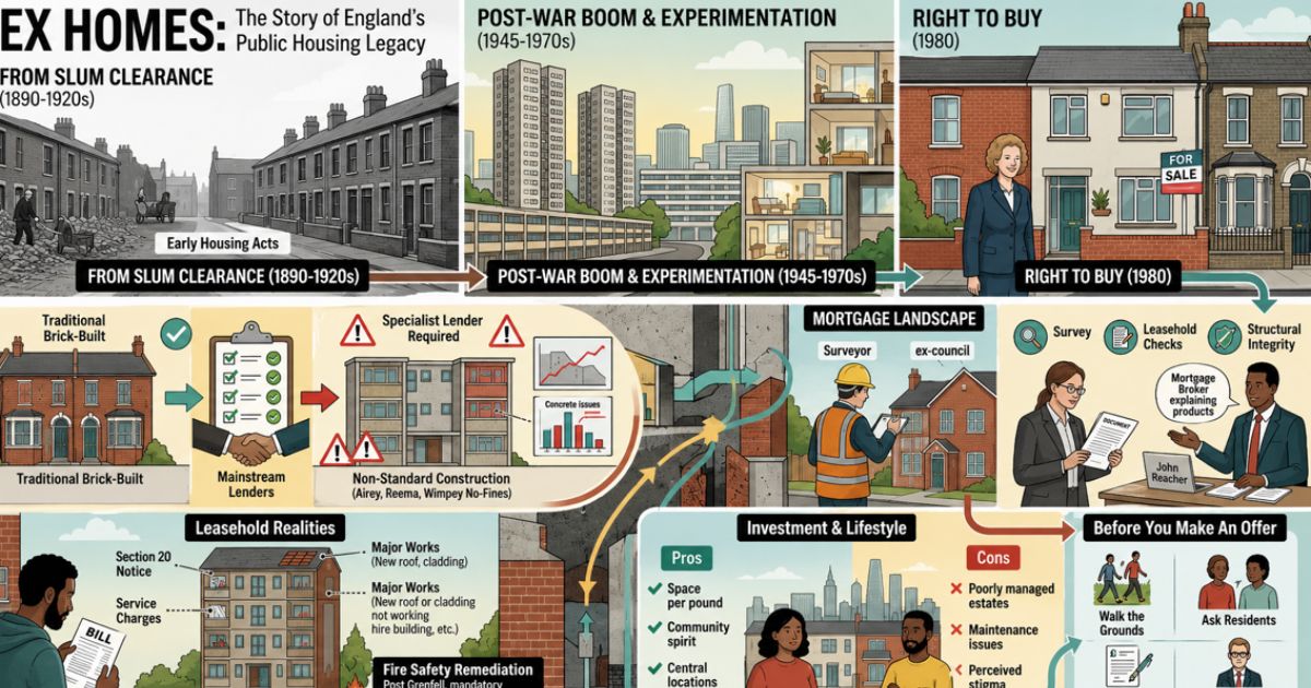 Infographic showing the history of ex-council homes in England, buying process, mortgage advice, and investment considerations.