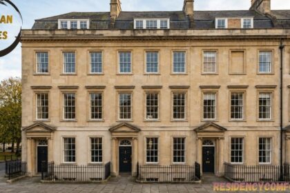 Elegant Georgian townhouses with symmetrical stone façades, tall sash windows, black front doors, and iron railings lining a quiet historic street under a clear sky.