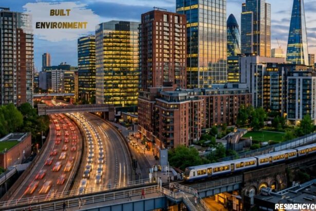 Modern built environment city skyline at dusk featuring high-rise buildings, a busy highway, railway tracks, and urban infrastructure with illuminated skyscrapers and heavy traffic.