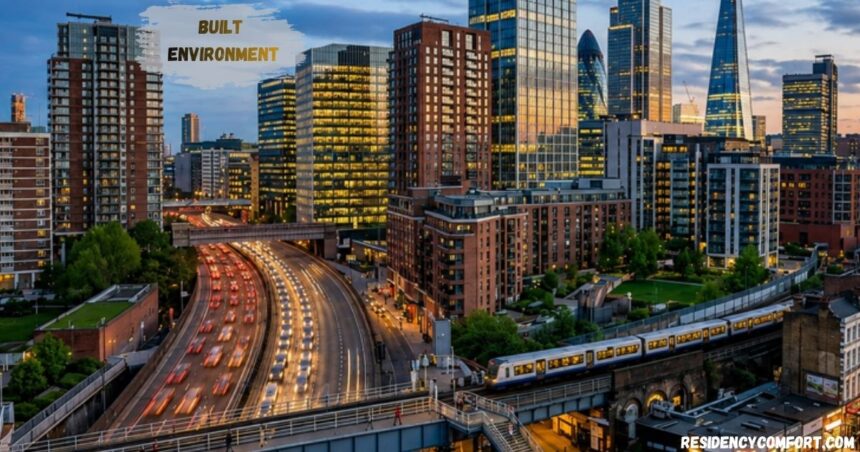 Modern built environment city skyline at dusk featuring high-rise buildings, a busy highway, railway tracks, and urban infrastructure with illuminated skyscrapers and heavy traffic.