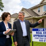 Real estate professionals discussing a suburban home for sale, with one taking notes on a tablet while the other points toward the property beside a For Sale sign promoting real estate apprenticeships.