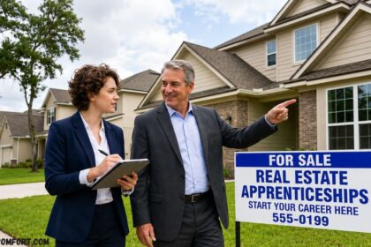 Real estate professionals discussing a suburban home for sale, with one taking notes on a tablet while the other points toward the property beside a For Sale sign promoting real estate apprenticeships.