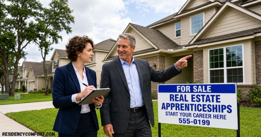 Real estate professionals discussing a suburban home for sale, with one taking notes on a tablet while the other points toward the property beside a For Sale sign promoting real estate apprenticeships.
