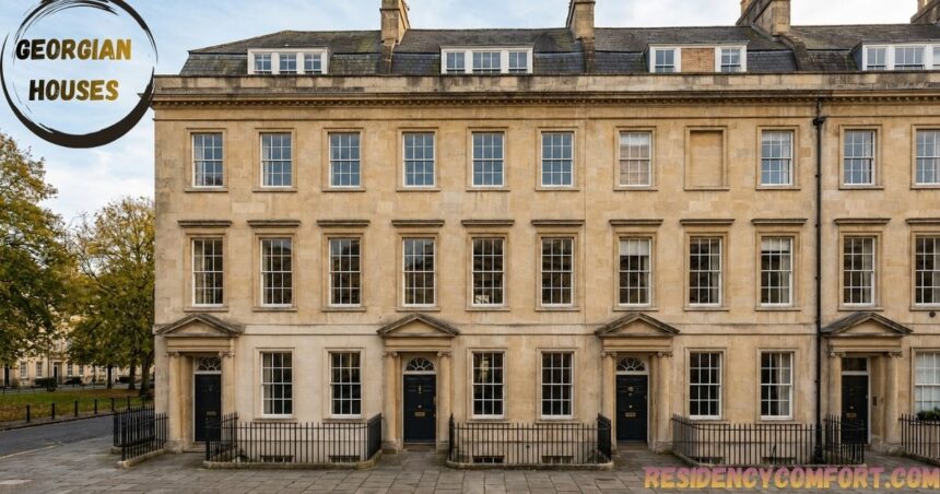 Elegant Georgian townhouses with symmetrical stone façades, tall sash windows, black front doors, and iron railings lining a quiet historic street under a clear sky.