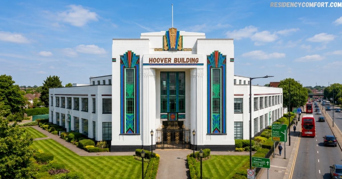Front view of the Hoover Building, an iconic Art Deco landmark with colorful geometric detailing, manicured lawns, and a busy road with red double-decker buses under a bright blue sky.