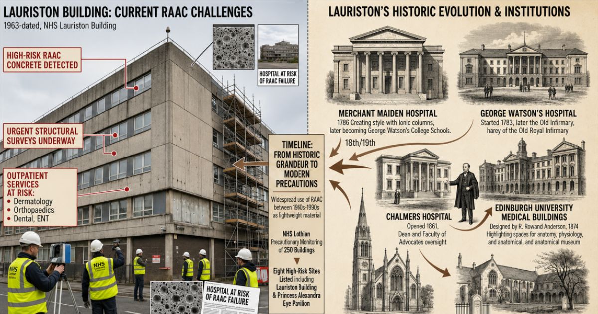 Infographic showing the Lauriston Building with RAAC concrete safety concerns alongside a historical timeline of Lauriston's medical institutions, hospitals, and architectural evolution.