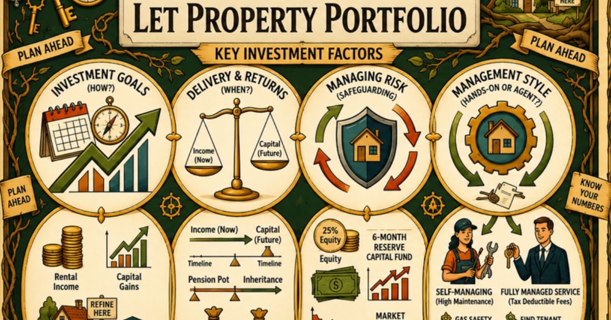 Illustrated infographic showing key investment factors for a let property portfolio, including investment goals, rental income, capital gains, risk management, returns, and property management strategies.