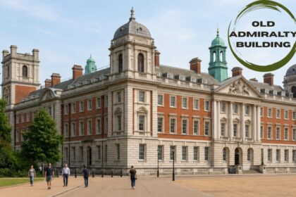 Old Admiralty Building in London showcasing its grand historic architecture with a landscaped walkway and visitors, featuring an "Old Admiralty Building" logo in the top-right corner.