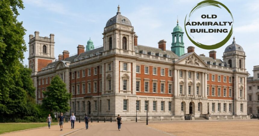 Old Admiralty Building in London showcasing its grand historic architecture with a landscaped walkway and visitors, featuring an "Old Admiralty Building" logo in the top-right corner.