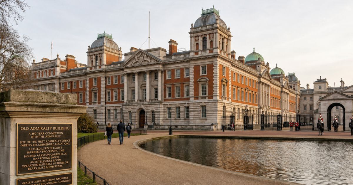 Historic Old Admiralty Building in London with grand Georgian architecture, a reflecting pool, ceremonial guards, and a commemorative plaque in the foreground.