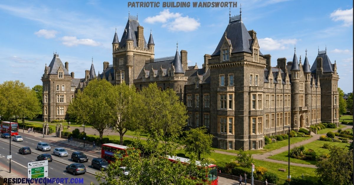 Patriotic Building Wandsworth, an impressive Victorian Gothic landmark with soaring towers, elegant stone architecture, and beautifully landscaped gardens, overlooking a busy London road with iconic red double-decker buses under a clear blue sky.