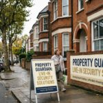 Woman walking past a residential street with brick houses and signs advertising Property Guardian live-in security solutions for vacant buildings and affordable housing.