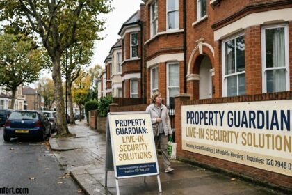 Woman walking past a residential street with brick houses and signs advertising Property Guardian live-in security solutions for vacant buildings and affordable housing.
