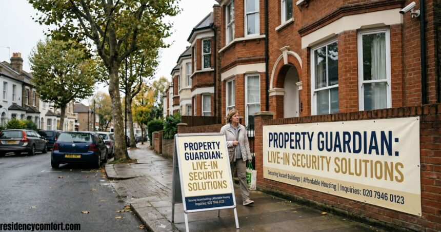 Woman walking past a residential street with brick houses and signs advertising Property Guardian live-in security solutions for vacant buildings and affordable housing.