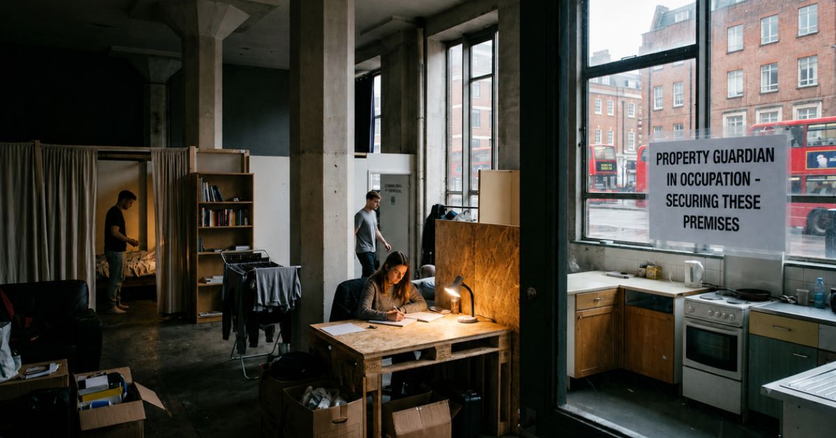 People living and working inside a converted commercial building under a Property Guardian scheme, featuring simple living spaces, a shared kitchen, and a sign indicating the premises are secured through guardian occupation.