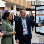 Three professionals at a property industry conference viewing a large digital display featuring Property Industry Eye news and real estate market updates while networking at a business event.