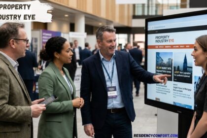 Three professionals at a property industry conference viewing a large digital display featuring Property Industry Eye news and real estate market updates while networking at a business event.