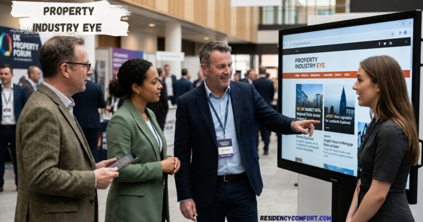 Three professionals at a property industry conference viewing a large digital display featuring Property Industry Eye news and real estate market updates while networking at a business event.