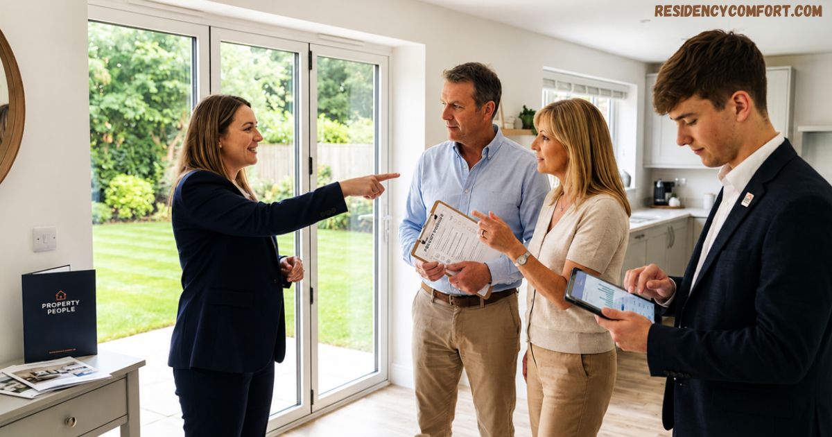 Real estate agent showing a modern family home to a couple while a colleague uses a tablet during a property viewing in a bright, spacious living area.