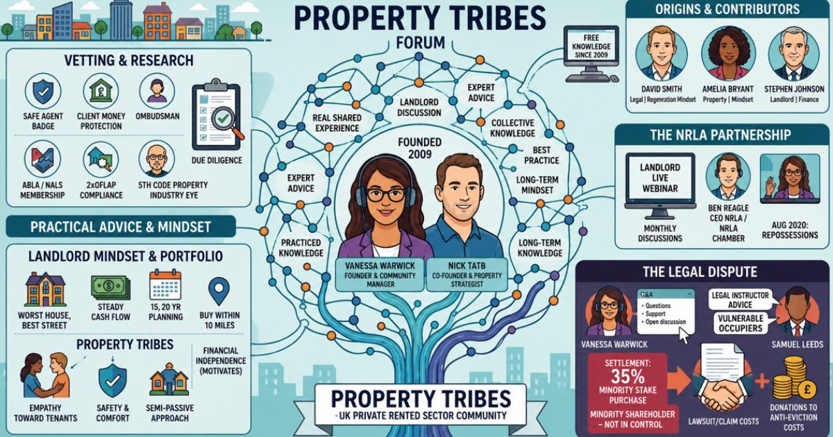 Illustrated Property Tribes Forum infographic showing property investment, landlord advice, vetting and research, community knowledge, NRLA partnership, and legal dispute information with connected network graphics.