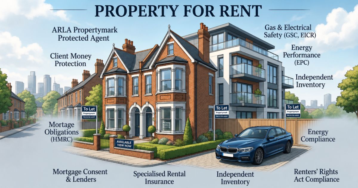 Illustration of rental properties with signs and labels highlighting key landlord and rental compliance requirements.