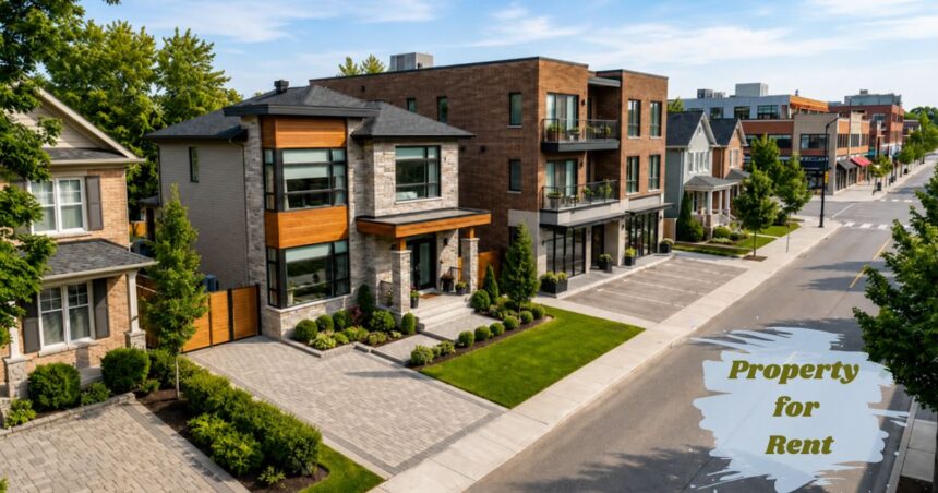 Modern rental property on a quiet residential street with a landscaped front yard and driveway.