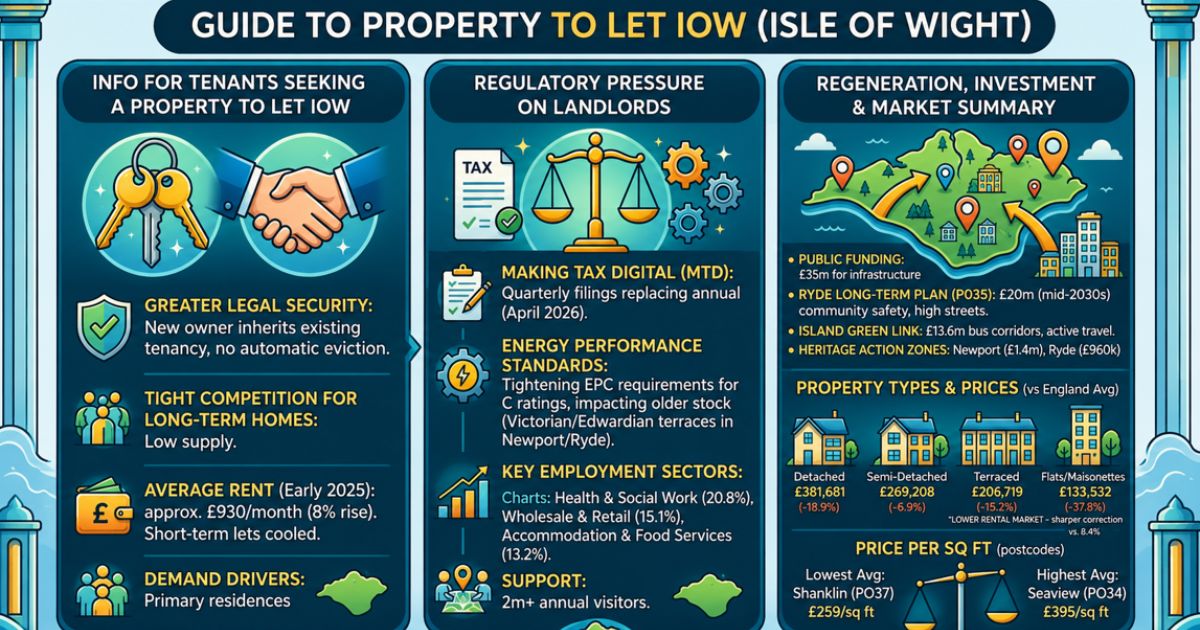 Property to Let IOW infographic showing Isle of Wight rental market, landlord rules, and property prices.