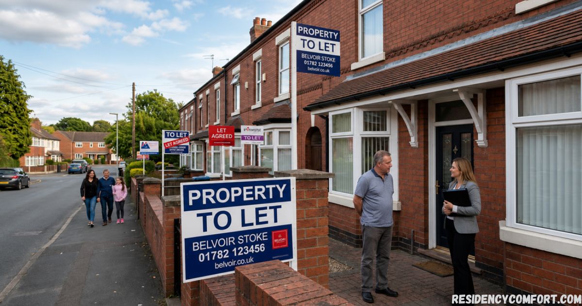 Property to let in Stoke featuring terraced brick houses, multiple rental signs, an estate agent speaking with a prospective tenant, and a quiet residential street.