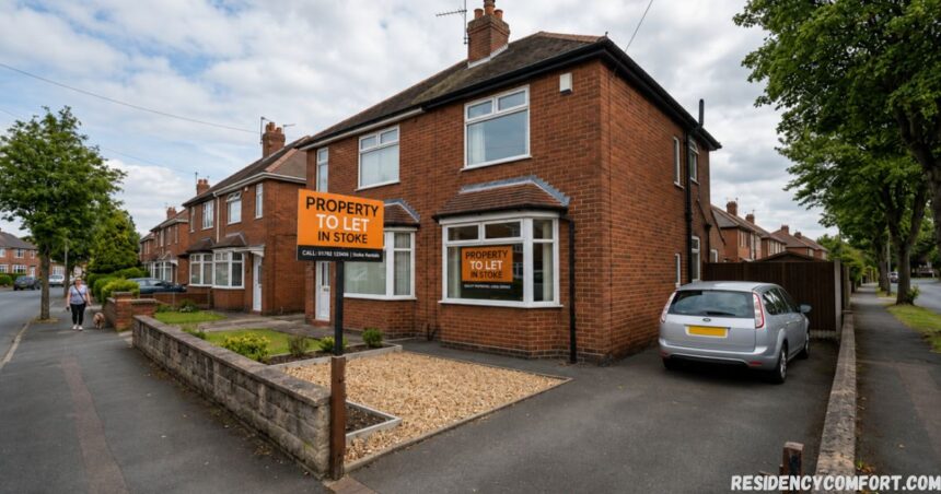 Property to let in Stoke with a detached red-brick house, rental sign, driveway, and quiet residential street lined with trees.