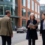 Business professionals walking outside the Property118 office building in a modern city, discussing documents on a busy urban street.