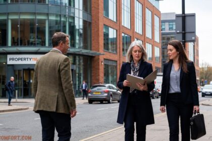 Business professionals walking outside the Property118 office building in a modern city, discussing documents on a busy urban street.